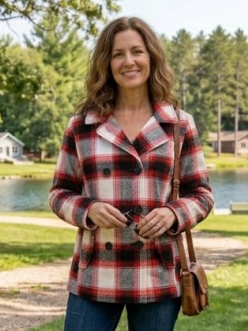 NWT Red Black Plaid Double Breasted Faded Glory Peacoat Jacket Coat Women's L